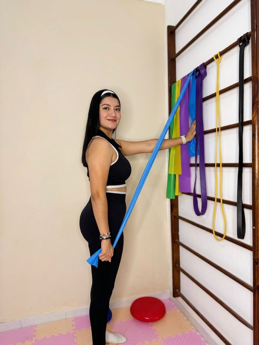 Terapeuta utilizando bandas terapéuticas en sesión de rehabilitación